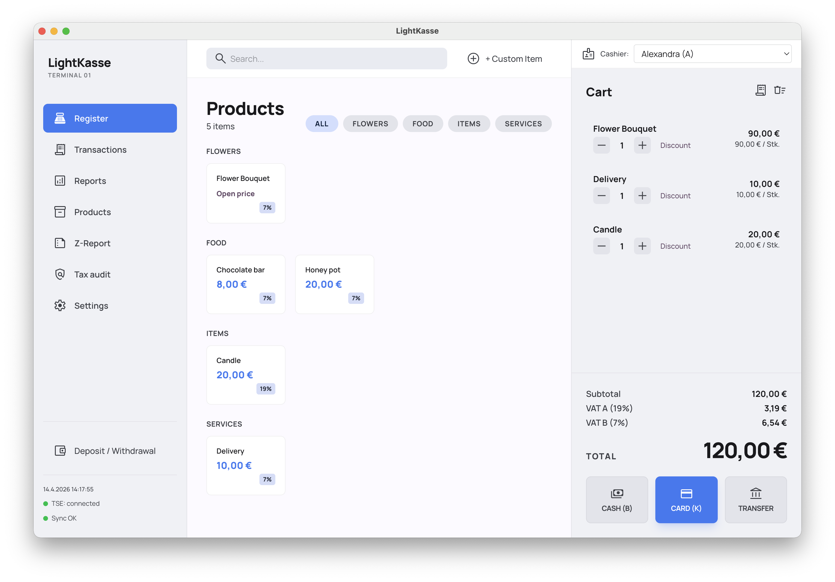 LightKasse running on macOS — POS screen with cart, products and total